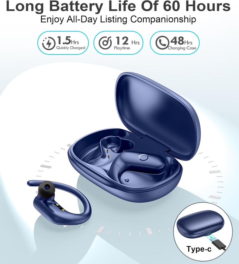 MOZOTER Wireless Earbuds Bluetooth Headphones Sport,Over Ear Buds with Deep Bass Sound,60Hrs Playtime Earphones Redesigned Comfort Fit with Earhooks for Running,Meeting,Workout- Blue - Image 4